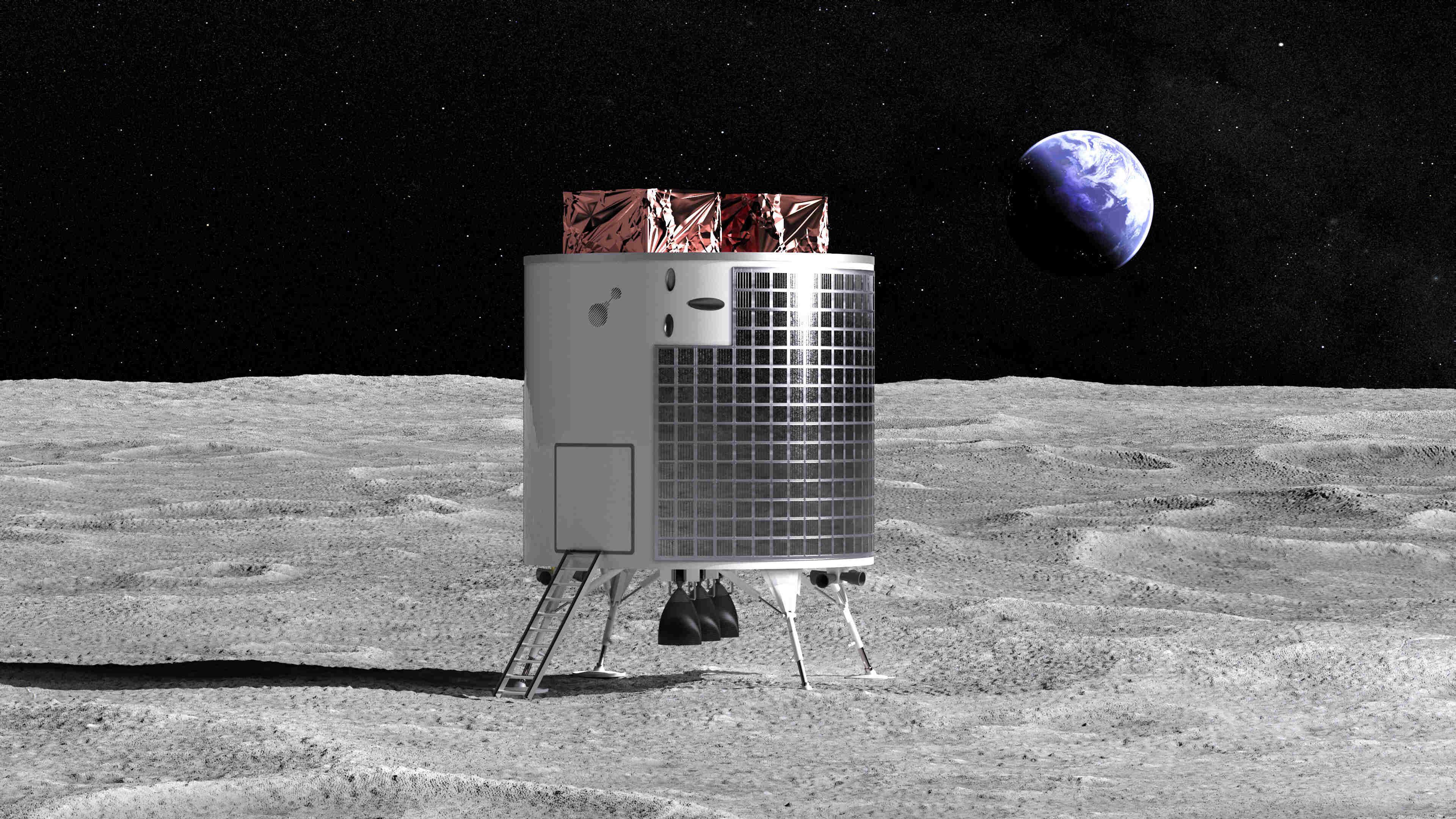Space module on the surface of the Moon with Earth visible in the background