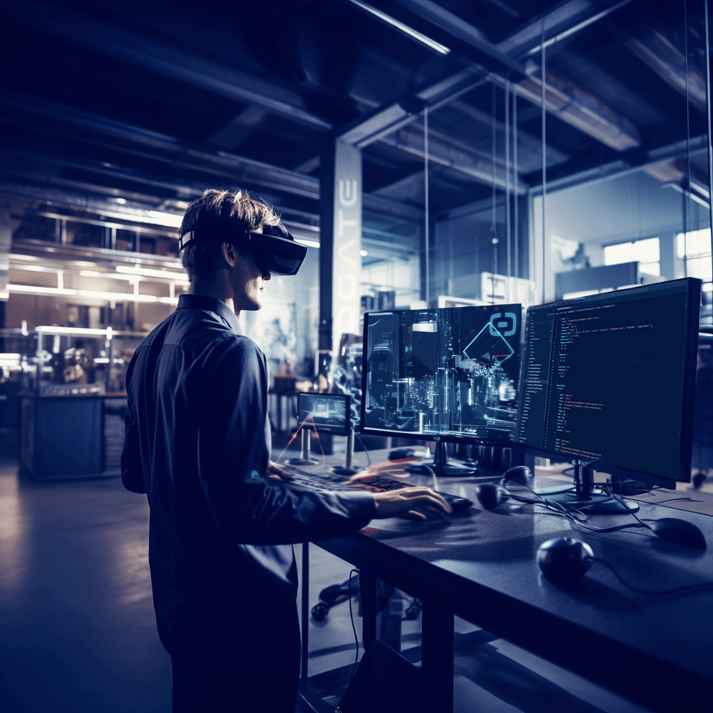 Game developer wearing VR glasses in front of a screen