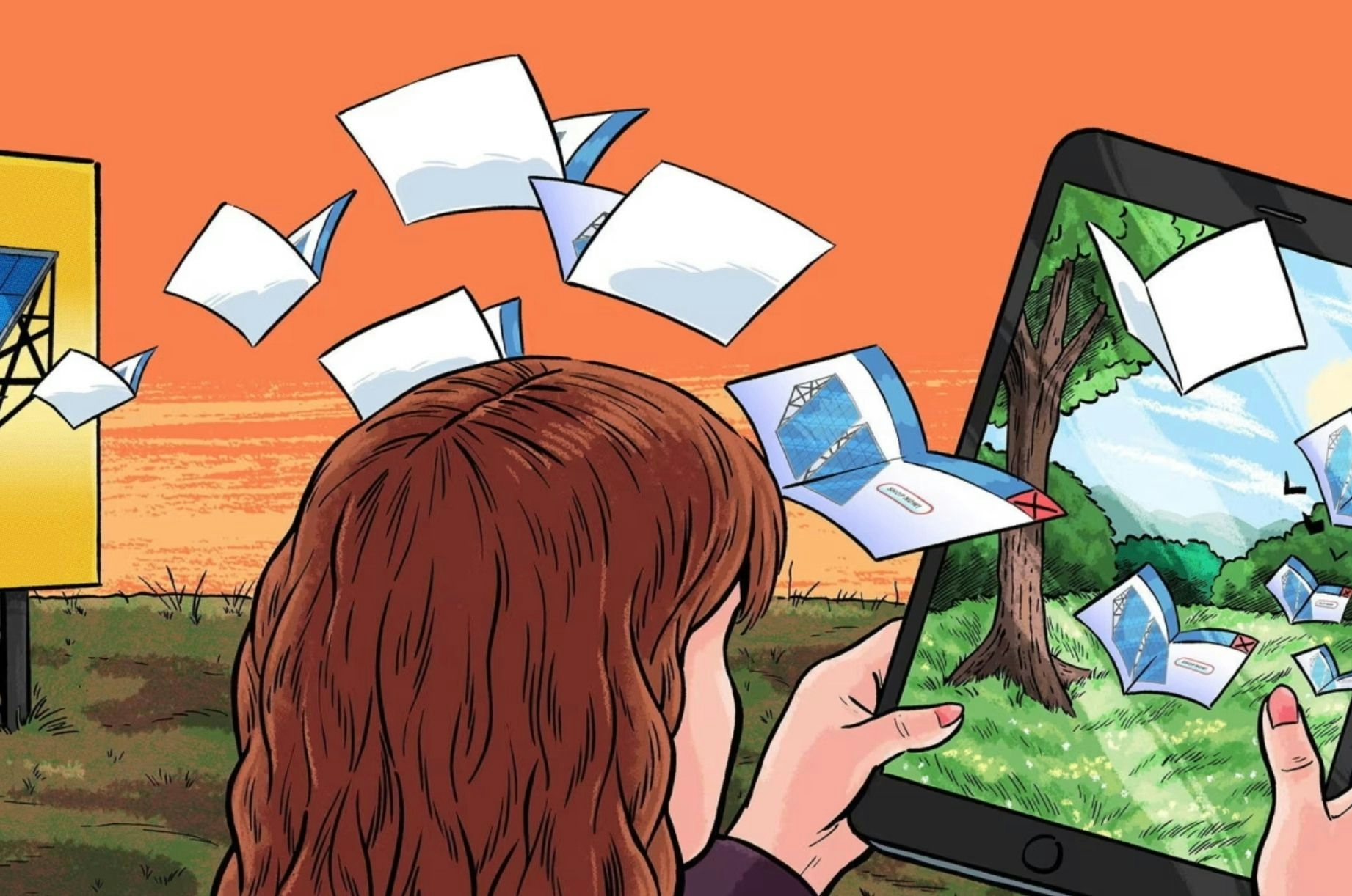Illustration of a person looking at a laptop screen with folded papers flying out of it